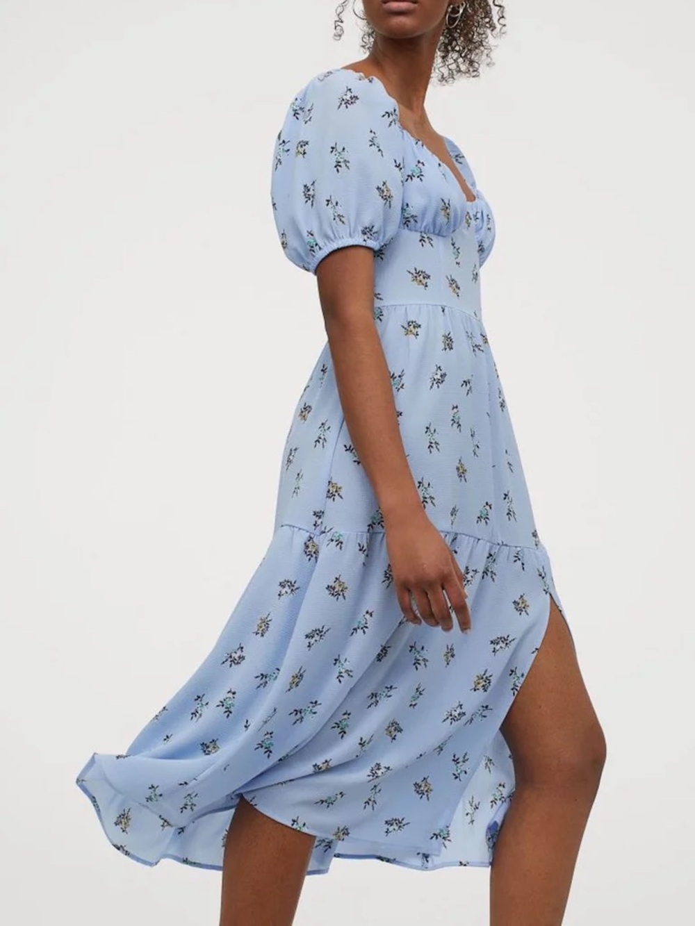 H&M Sky Blue Floral Puff-Sleeve Midi Dress